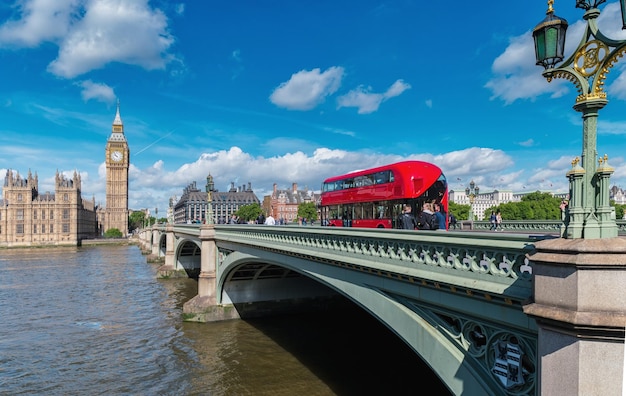 view of  the Houses of Parliament and Big Ben with westminster bridge on a summer day in london. ideal for websites and magazines layouts