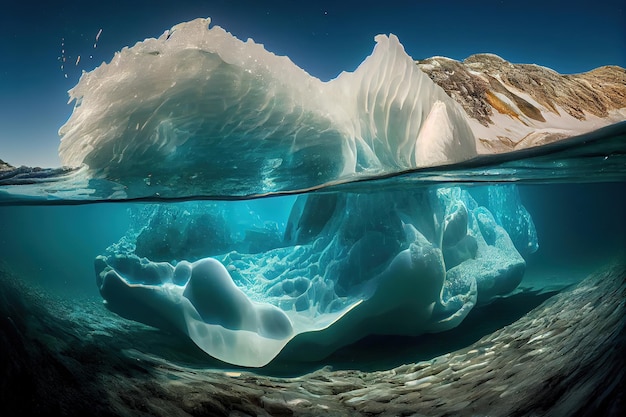 Above and below view of the ice floe edge on a partly cloudy day east coast of Greenland