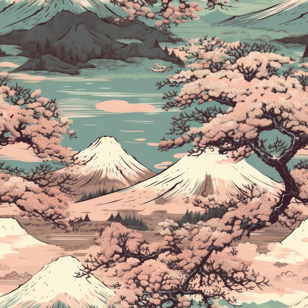 View Of The Iconic Mount Fuji In Japan With Cherry Blossoms In The Foreground Infinite Seamless Backgrounds Generative AI