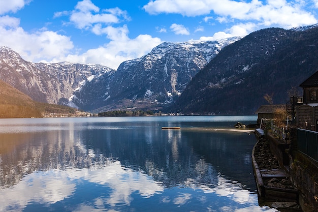 View idyllic Alpine mountains and lake