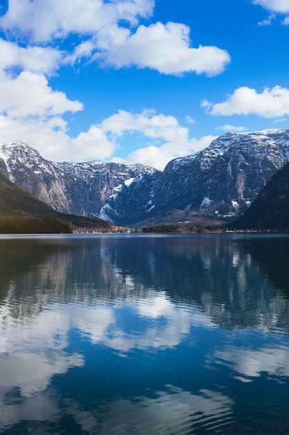 View idyllic Alpine mountains and lake