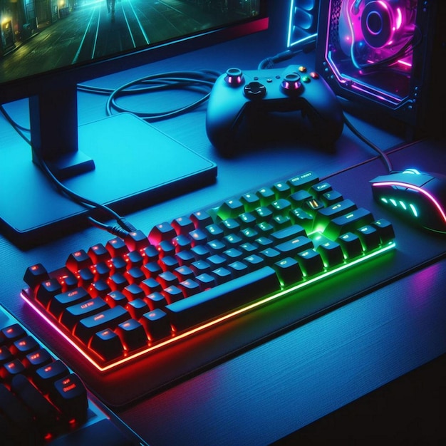 View of illuminated neon gaming keyboard setup and controller