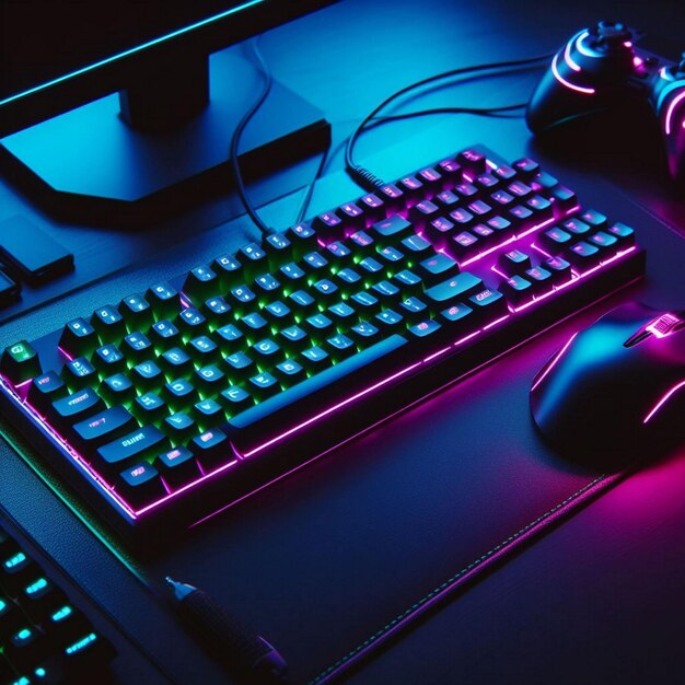 View of illuminated neon gaming keyboard setup and controller