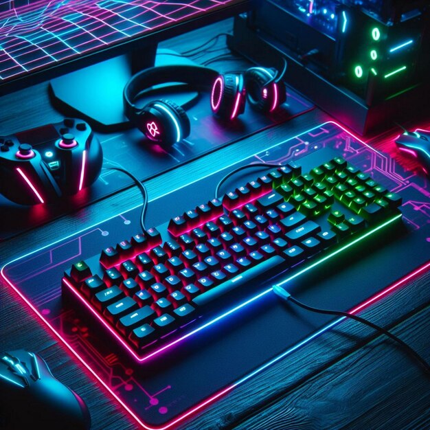 View of illuminated neon gaming keyboard setup and controller