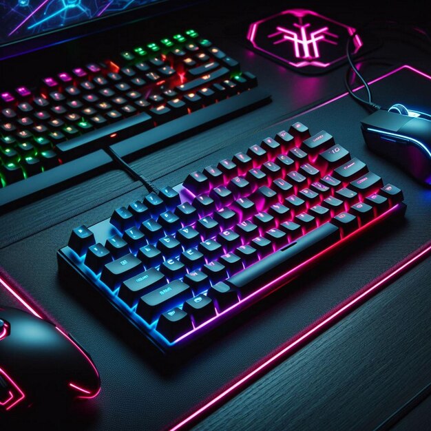 View of illuminated neon gaming keyboard setup and controller