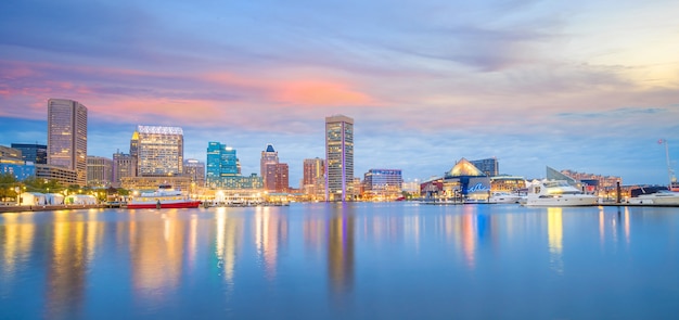 View of Inner Harbor area in downtown Baltimore Maryland USA at sunset