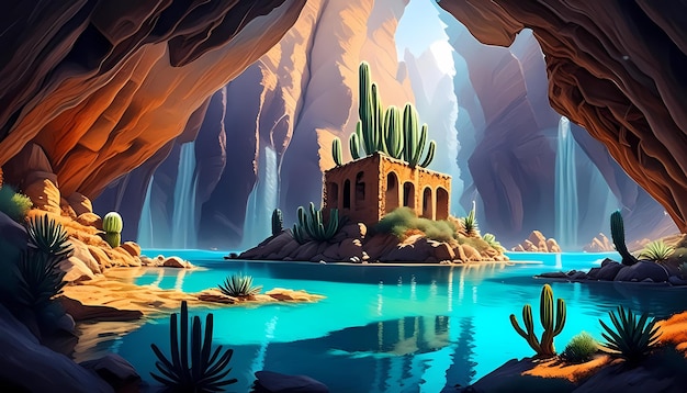 The view inside the cave is a desert atmosphere containing rocks sand and cacti with a lake