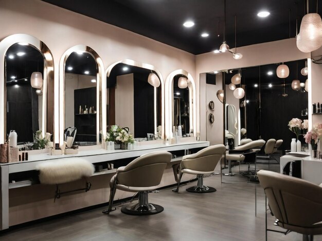 View inside of a modern salon showing mirrors