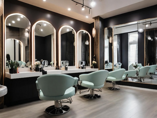 View inside of a modern salon showing mirrors