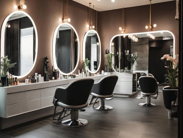 View inside of a modern salon showing mirrors