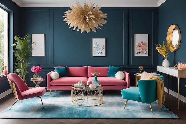 View of interior design space with color of the year furnishings and decorations