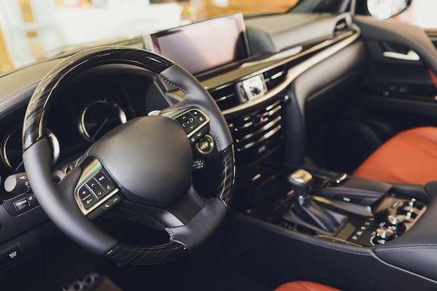 View of the interior of a modern automobile showing the dashboard.