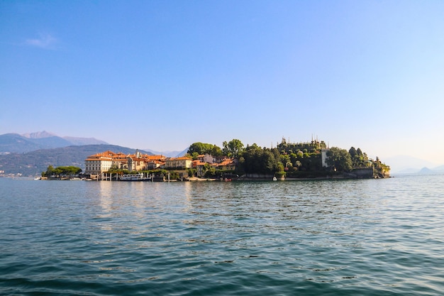 View of Isola Bella one of the Borromean Islands of Lago Maggiore from Stresa town Italy