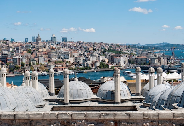 A view of Istanbul, the Bosphorus and the Galata tower  from the observation deck at the Suleymaniye Mosque.