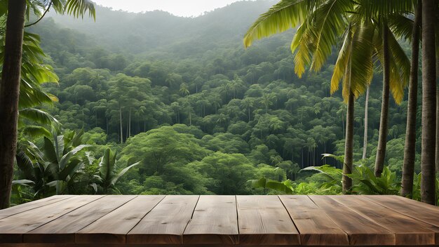 a view of a jungle with a table and a view of a mountain