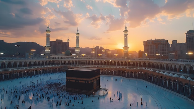 View of the Kaaba at dawn in Mecca with a throng of Muslims encircling the structure Generative AI