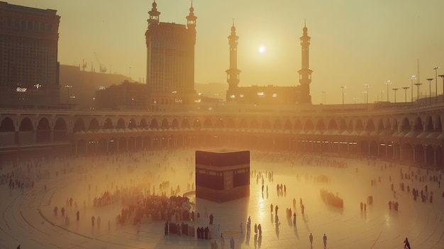 View of the Kaaba at dawn in Mecca with a throng of Muslims encircling the structure Generative AI