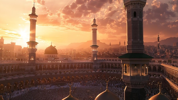 View of the Kaaba at dawn in Mecca with a throng of Muslims encircling the structure Generative AI