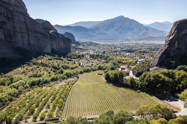 The view on Kalabaka town from miraculous monastery on rock formation Meteora Greece beside the Pindos Mountains