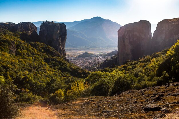 The view on Kalabaka town from miraculous monastery on rock formation Meteora