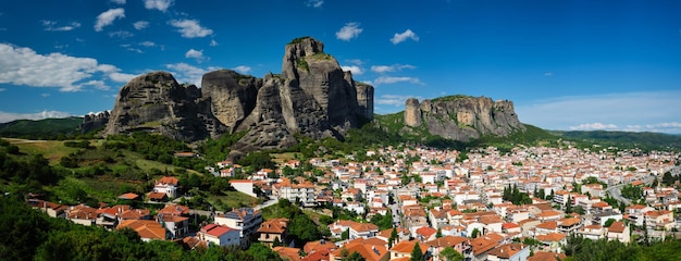 View of kalampaka village in famous greek tourist destination meteora in greece