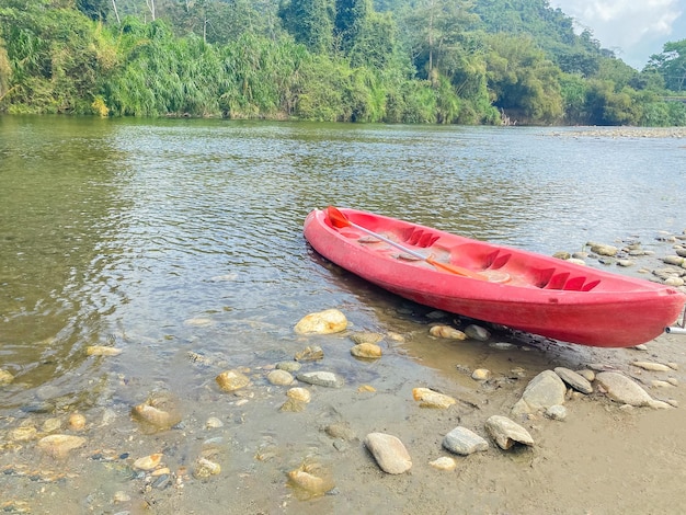 View of a kayak parked on the river