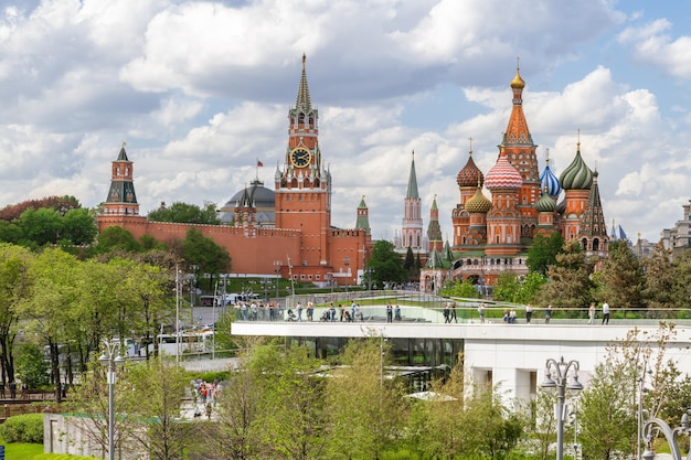 View of the Kremlin St Basils Cathedral Zaryadye Park Moscow Russia