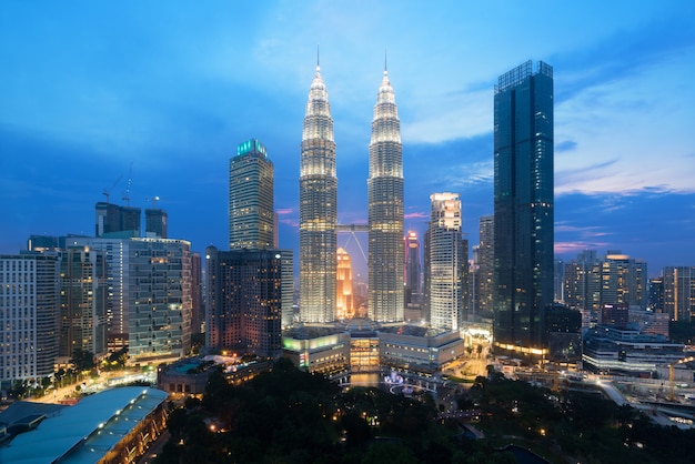 View of Kuala Lumpur city skyline during sunrise viewing skyscrapers building and in Malaysia.