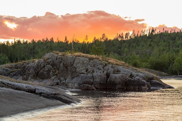 view of Ladoga skerries at sunset in the republic of karelia. High quality photo