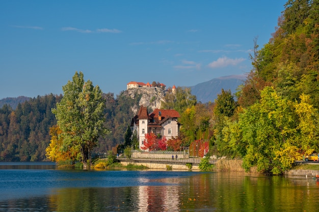 View to lake and castle on top of hill