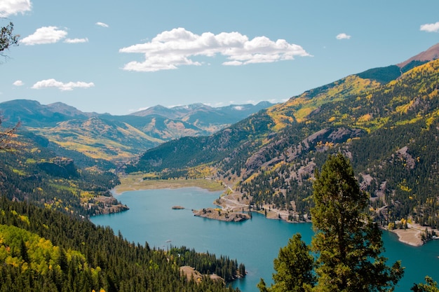 View of Lake San Cristobal in brilliant fall colors. Near lake City, Colorado.