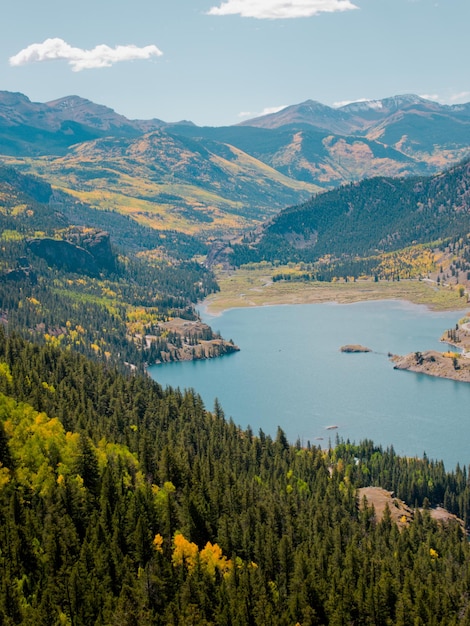 View of Lake San Cristobal in brilliant fall colors. Near lake City, Colorado.