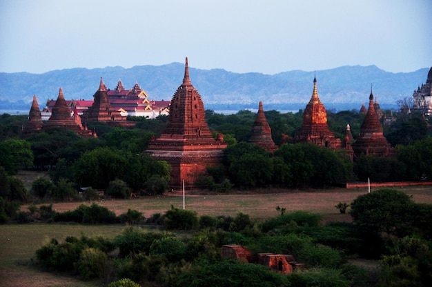 View landscape ruins cityscape World Heritage Site with over 2000 pagodas and Htilominlo temples look from Shwesandaw Paya Pagoda in morning time at Bagan or Pagan ancient city in Mandalay Myanmar