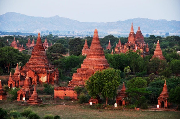 View landscape and ruins cityscape World Heritage Site with over 2000 pagodas and temples look from Mingalar Zedi Pagoda or Mingalazedi paya temple at Bagan or Pagan ancient city in Mandalay Myanmar