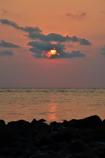 View landscape seascape and sky cloudscape in sea ocean gulf of thailand at sunset dusk time for thai people foreign traveler travel visit rest relax at viewpoint of Koh Chang island in Trat Thailand