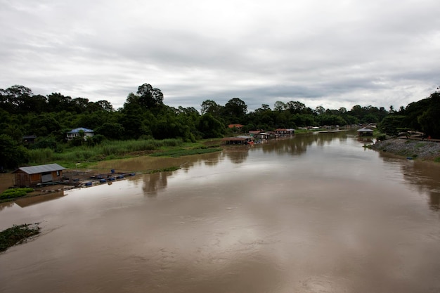 View landscape water flowing and life of thai people fishery for thai people and foreign travelers travel visit Uthaithani city at riverside of Sakae Krang river in Uthai Thani Thailand