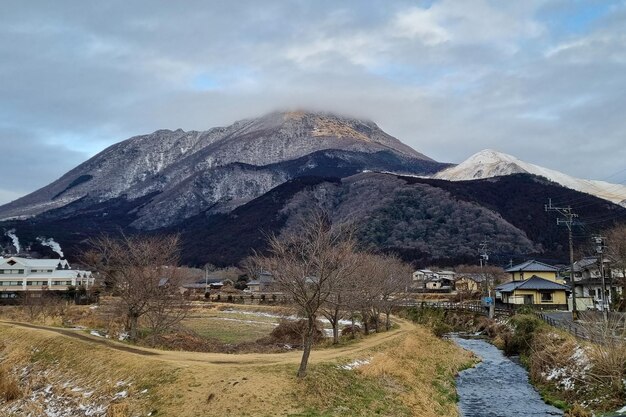 View of landscape Yufuin village in the winter after snow fall