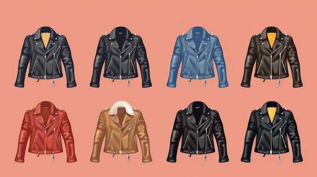 View of a leather jacket collection flat design front view biker style theme animation Splitcomplementary color scheme