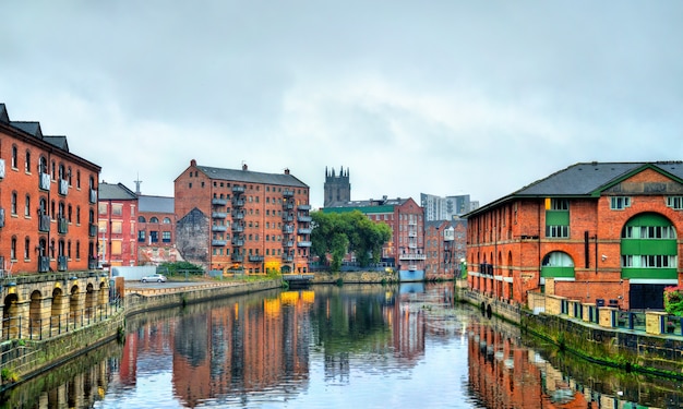 View of Leeds with the Aire River in West Yorkshire, England