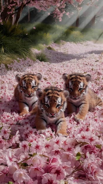 Photo view of little wild tiger cubs with cherry blossoms