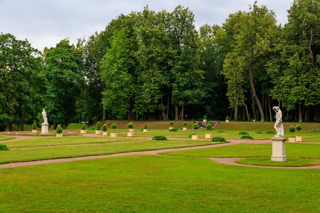 View of lower Dutch garden with marble statues in Gatchina park Russia