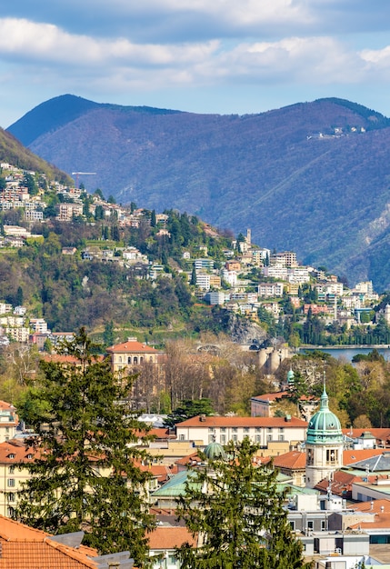 View of Lugano town in Swiss Alps