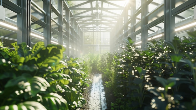 A view of lush green plants growing inside a greenhouse sunlight streams through the glass ceiling