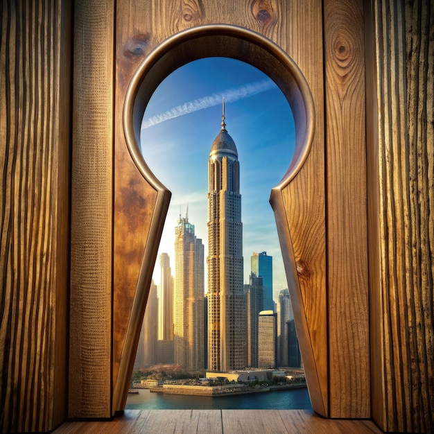 View of luxurious Dubai skyline through a keyhole at sunset Generative AI