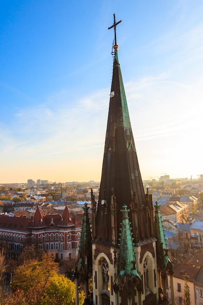 View of Lviv city from bell tower of Church of Sts Olha and Elizabeth Lvov cityscape Ukraine