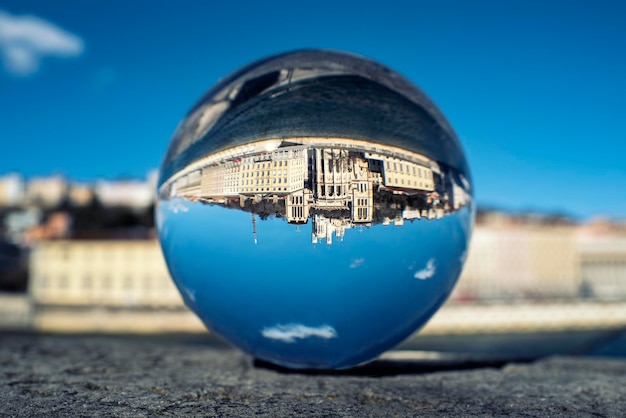 View of Lyon with Saone river through a crystal ball