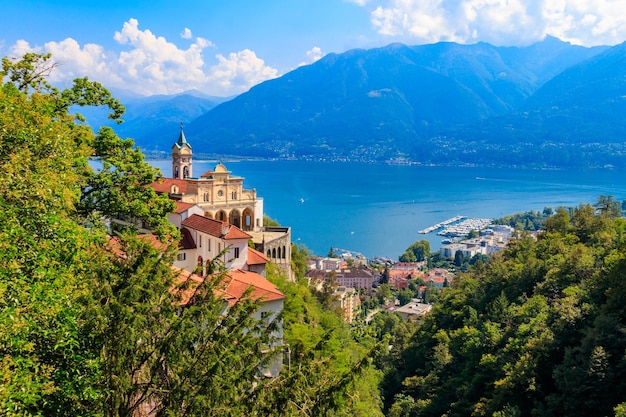 View of Madonna del Sasso monastery and lake Maggiore at Locarno Switzerland