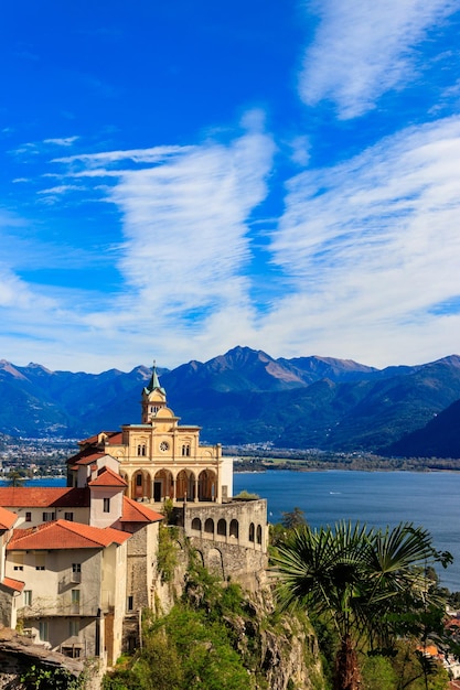 View of Madonna del Sasso monastery and lake Maggiore at Locarno Switzerland