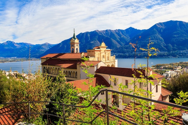 View of Madonna del Sasso monastery and lake Maggiore at Locarno Switzerland