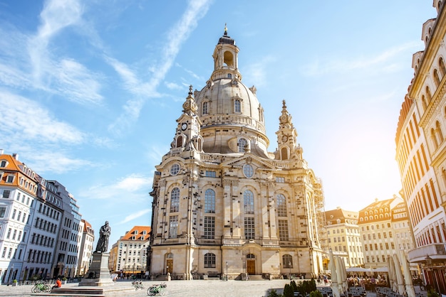 View on the main city square with famous church of Our Lady during the sunrise in Dresden city, Germany